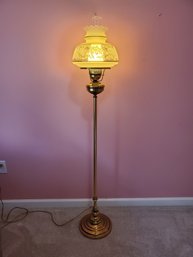 Vintage Brass Hurricane Floor Lamp With Glass Floral Painted Shade
