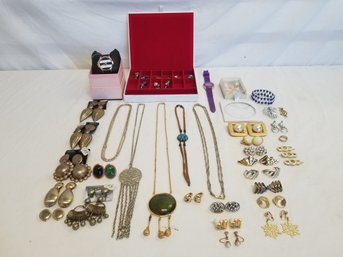 Ladies Vintage Jewelry Lot: Clip-On Earrings, Watches, Necklaces, Pins & Holiday Double Bead Charms