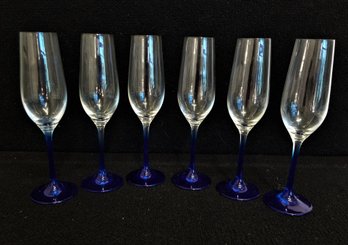 Set Of Six Vintage Cobalt Blue Stemmed Champagne Flute Glasses