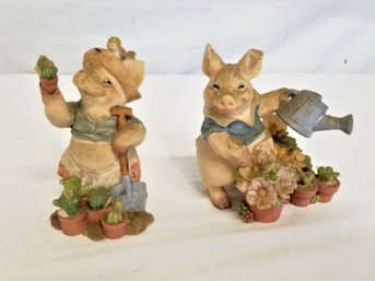 Pair Of Vintage 1995 Westland Pig Gardening Figurines