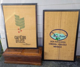 Pair Of Framed Burlap Coffee Sacks, Cafe Do Brazil And Don Pepe