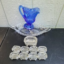 Vintage Salt Cellars, Candy Dish And Blue Glass Pitcher