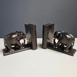 Mid Century Solid Ebonized Handcarved Bookends