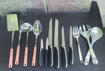 MCM Cooking Utensils In Pink Plastic By Ekco Plus Henkel Stainless Steel Knives And Serving Pieces