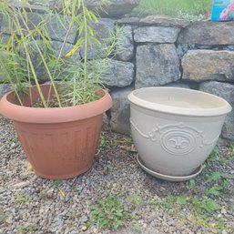 Cream Ceramic Planter Paired With Plastic Terra Cotta Planter With Plant