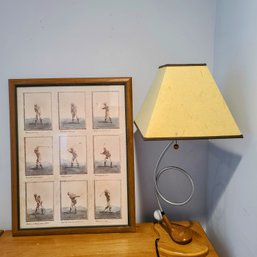 Golf Themed Lamp With Club And Ball Built-in Paired With Vintage Print Of Golf Stance Tips