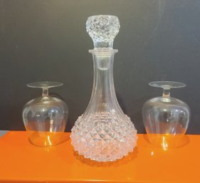 Lovely Crystal Decanter With Stopper Paired With Two Brandy Glasses