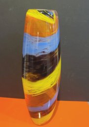 Tall And Fun Swirled Art Glass Vase With Yellow, Blue And Orange