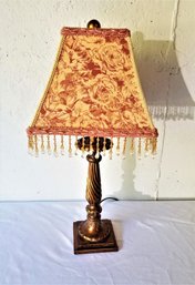 Vintage Bronze Victorian Table Lamp With Beaded Fabric Shade