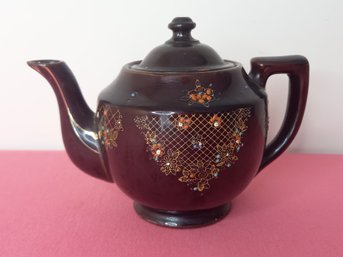 Orange And Blue Floral Brown Glazed Tea Pot #2