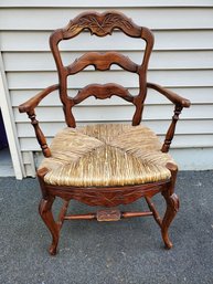 Single Vintage French Country Carved Wood Armchair With Rush Seat