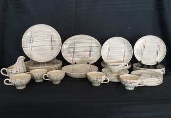 Mid Century Prim Rose China Gray Striped Hand Painted Dining Ware Set - 41 Pieces