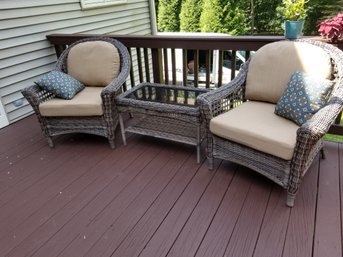 Pair Of Faux Wicker Outdoor Arm Chairs Cushions And Glass Topped Coffee Table