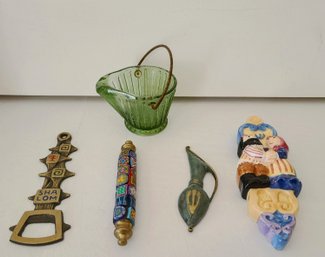 Small Green Glass Pitcher,  Four Judaica Items, Including 2 Mezuzahs, 1 Scroll And 1 Bottle Opener