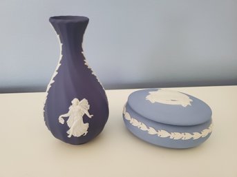 Two Wedgwood Dark & Light Blue Jasperware Vase & Queen Elizabeth 2 Ship Trinket Box