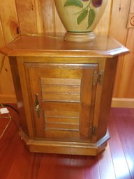 Vintage Wheeled Wood Cabinet Side Accent Table With Louvred Door & Panels