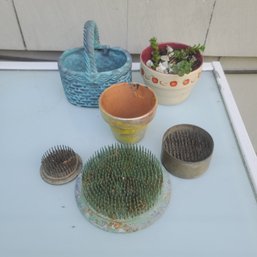 Three Mini Ceramic Planters Paired With Three Flower Frogs