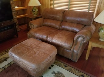 Vintage Robinson & Robinson Brown Leather Love Seat With Ottoman