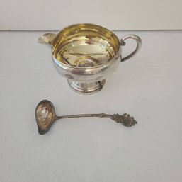 Sterling Silver Creamer And Antique Silver Plate Sauce Ladle