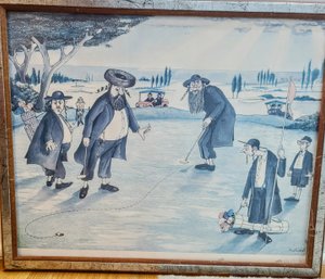 Fun Caricature Vintage Lithograph Signed And Numbered Of Rabbis Looking Up To God While Playing Golfing