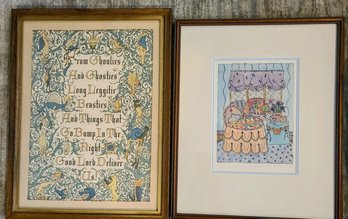 Color Lithograph Of Scottish Prayer And Watercolor Of Baby Sleeping By Jeffrey James