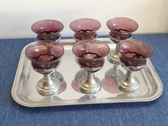 Farber Bros Purple  Amethyst Stemmed Glasses And Tray