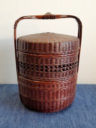 Chinese Rattan And Bamboo Nested Lunch Basket With Carved Handle