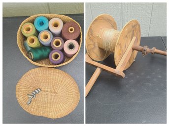 Antique Kite Winder Spool Paired With Collection Of Yarn Is Antique Sweet Grass Covered Basket