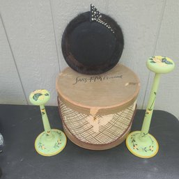 Mr. John Jr. Hat From Saks Fifth Avenue And Hat Box Paired With Two Vintage Handpainted Hat Stands