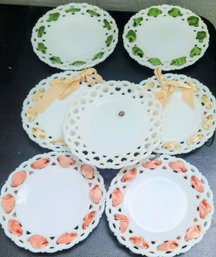 Collection Of Westmoreland Milk Glass Plates With Their Silk Ribbon Ties For Hanging -