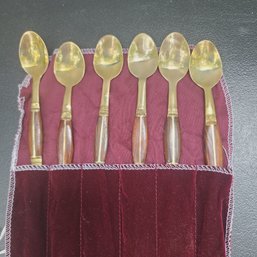 Six Vintage Gold Tone Spoons With Wood Made In Thailand