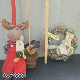 Vintage Animal Themed Household Items, Broom, Wreath, Snow Measuring Stick