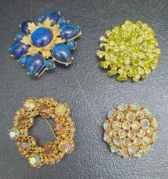 Pretty Group Of Colored Glass And Rhinestone Vintage Pins