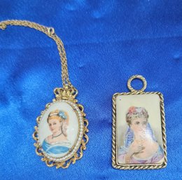 Two Antique Limoge Porcelain Pendants With One Chain Gold Plated