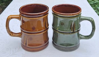 Vintage Stoneware Mugs Bamboo Tiki Design Brown/Green Set  4' Tall