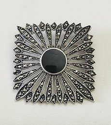 Vintage Sterling Silver Marcasite Onyx Color Brooch