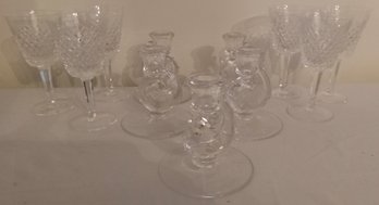 Crystal Candlesticks And Six Wine Glasses