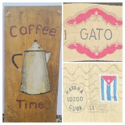 Vintage Burlap Coffee Sacks From Key West And Cuba And Vintage Coffee Time Sign - Handpainted