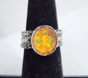 Sajen Silver Quartz Double Fire Opal Stackable Ring In  Platinum Over Sterling