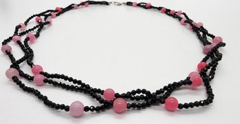 Black Spinel, Pink Jade Beaded Necklace In Sterling