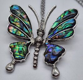 Abalone Shell Butterfly Pendant Necklace In Stainless & Silvertone