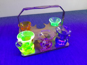 Uranium/Vaseline Glass Lot With Brass Tray