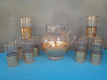 Vintage Gold Striped Glass Pitcher And Drinking Glasses