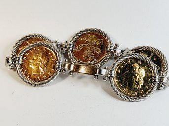 Unique Vintage Italian Sterling Silver  Bezel Coin Bracelet