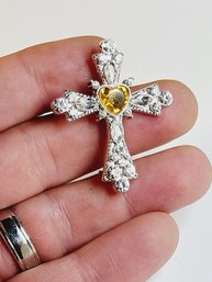 Large Silver Tone Yellow Heart Shaped Stone Cross Pin / Brooch