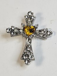 Large Silver Tone Yellow Heart Shaped Stone Cross Pin / Brooch
