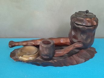 Vintage Wood Carved Pipe Shape Ashtray Tobacco Holder