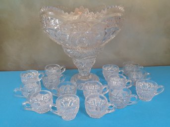 Large Cut Glass Punch Bowl And Cups  Set