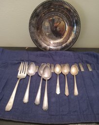 Silver Plate Flatware And Silver Plate Bowl