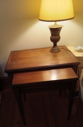 Two Walnut Nesting Tables And Lamp